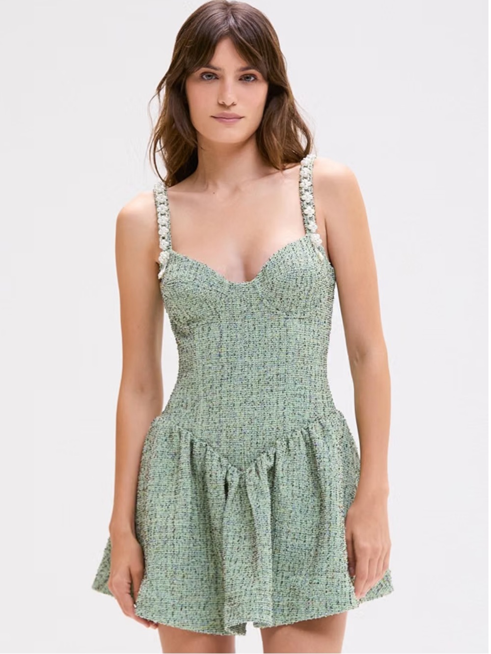 PatBO Tweed Mint Green Minidress with Embellished Straps